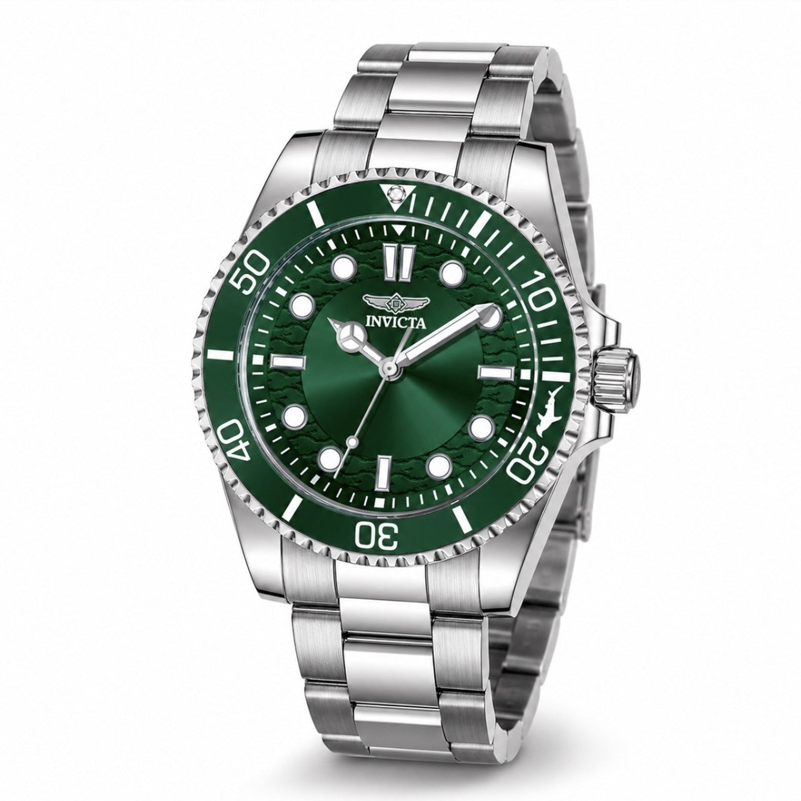 Invicta stainless steel wristwatch with a green dial and green bezel, featuring silver-tone metal case and link bracelet on a white background.