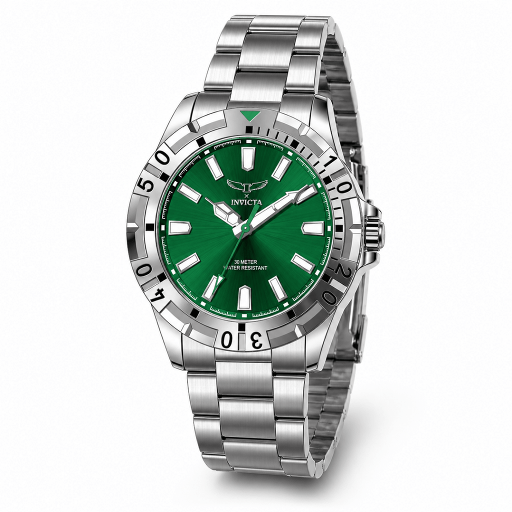 Silver watch with a green face on a white background
