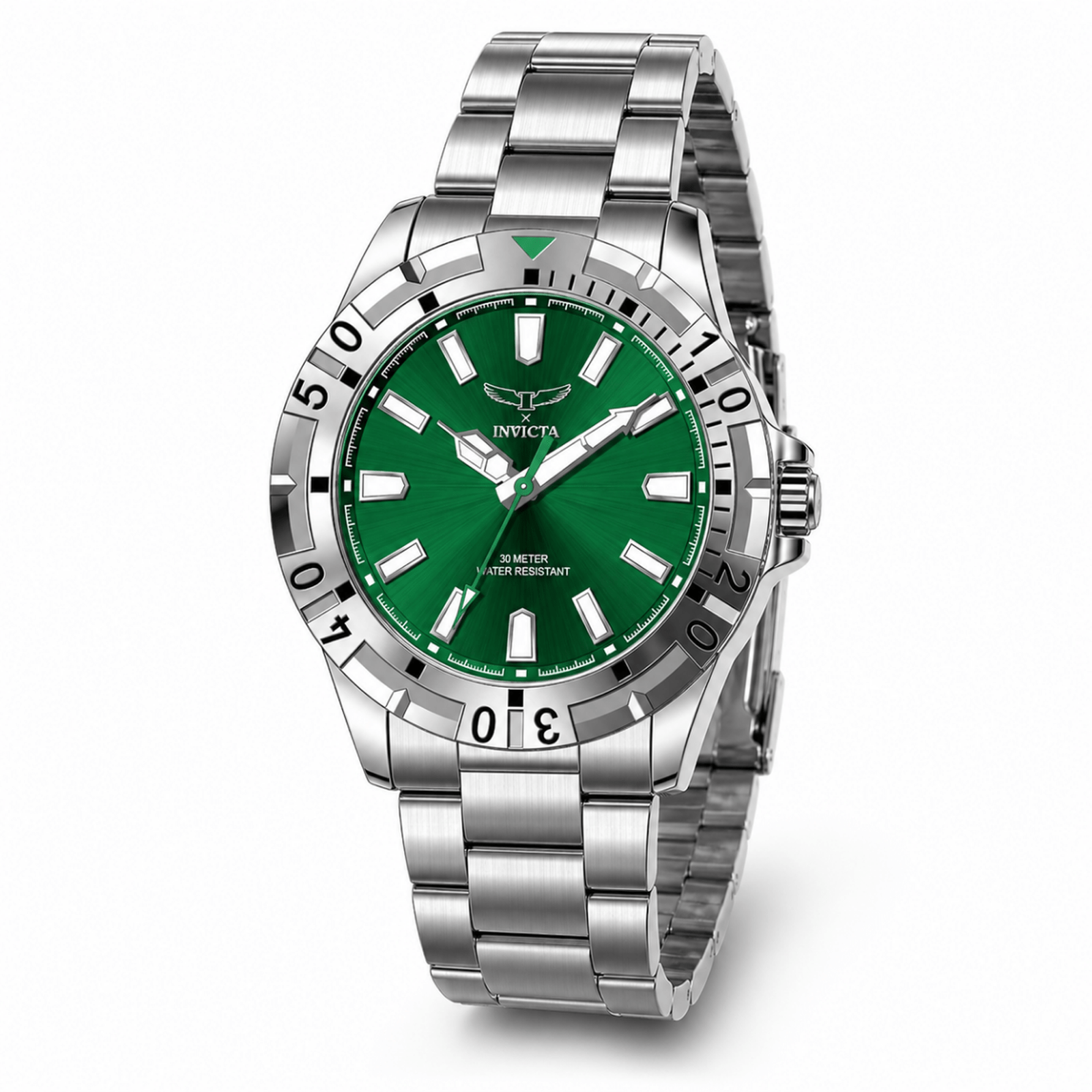 Silver watch with a green face on a white background
